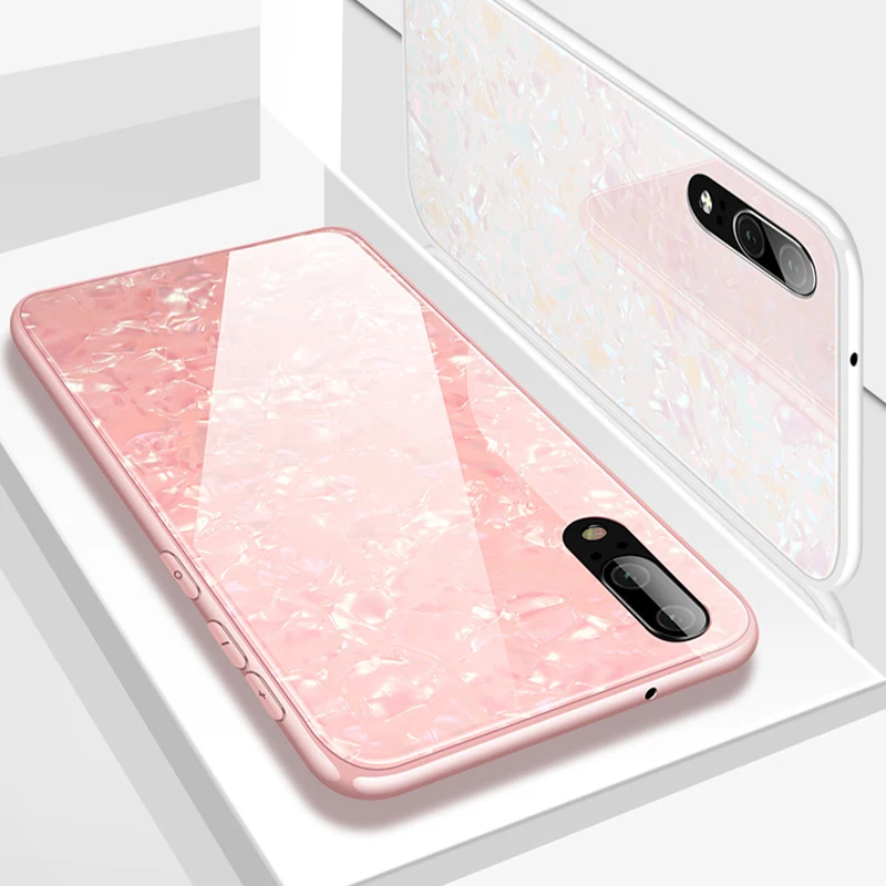 

Luxury Bling Shell Tempered Glass Cases For Huawei P20 P10 P30 Mate 9 10 20 Pro Lite on Honor 10 9 7X Case Soft frame hard Cover