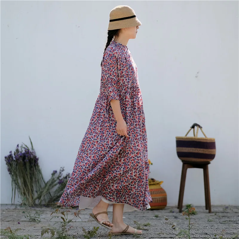 Одно использованное летнее платье Baotou из чистой рами вишни с принтом Мандарин Воротник косой планкой легкое платье халат h190522