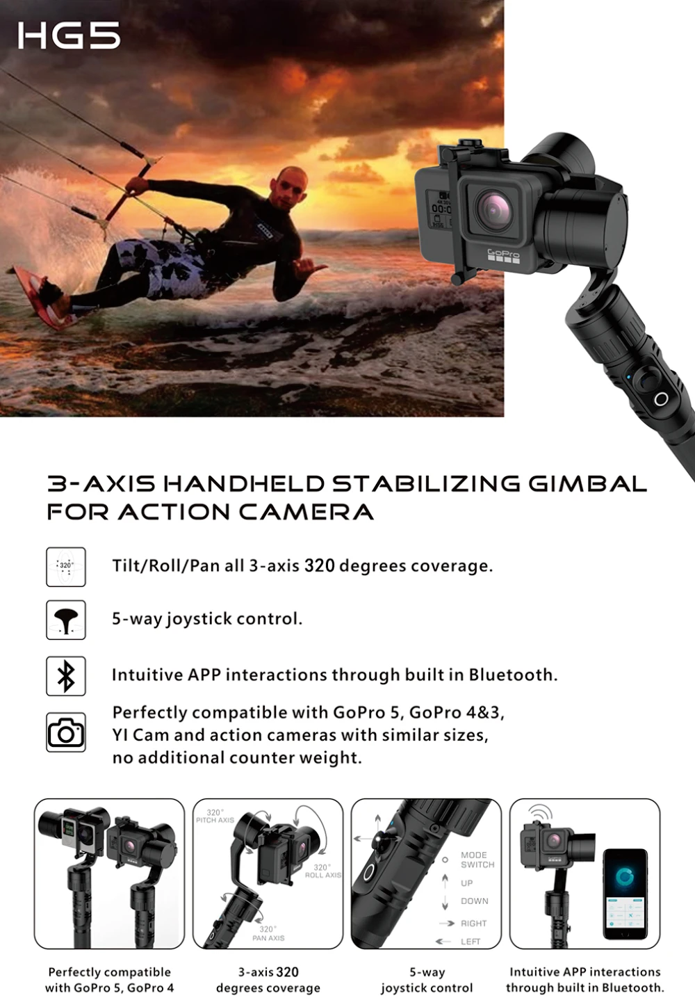 Hohem HG5 Gimbal 3-осевой Ручной Стабилизатор алюминиевый сплав для GoPro Hero 7 6 5 4 3 Xiaoyi SJCAM экшн-камер аналогичного размера