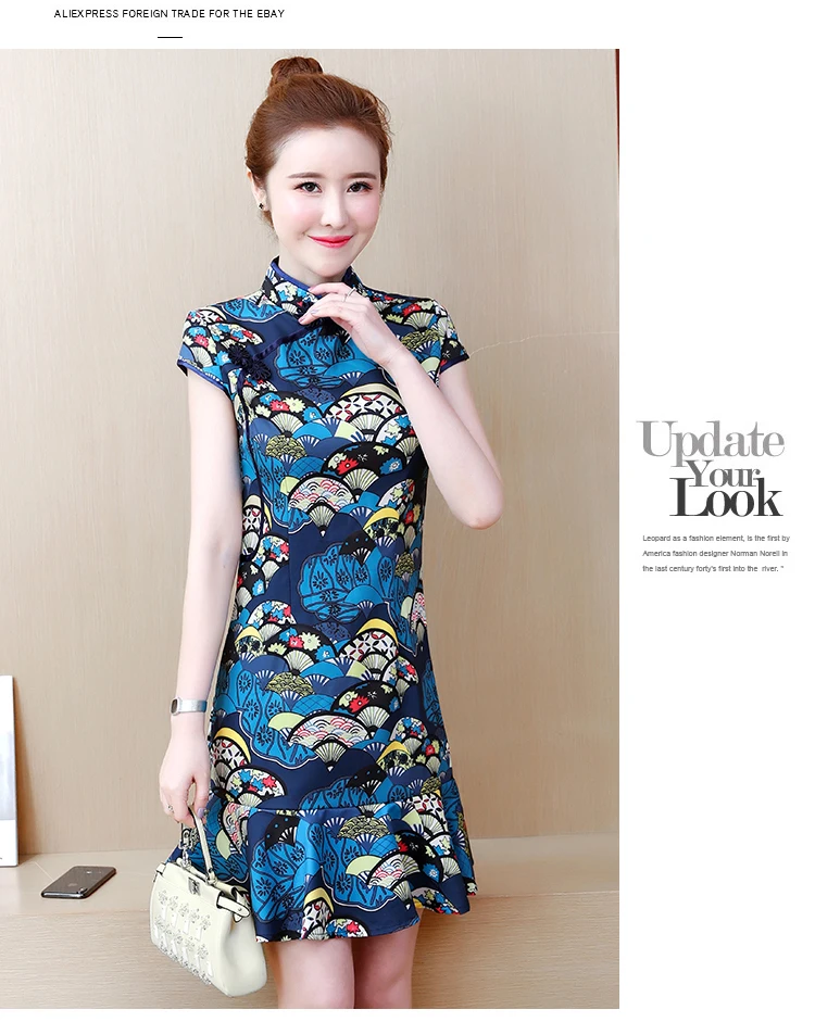 Женское летнее винтажное платье cheongsam с цветочным принтом большого размера плюс L-5XL XXL XXXL 3XL XXXXL 4XL тонкое повседневное вечернее платье