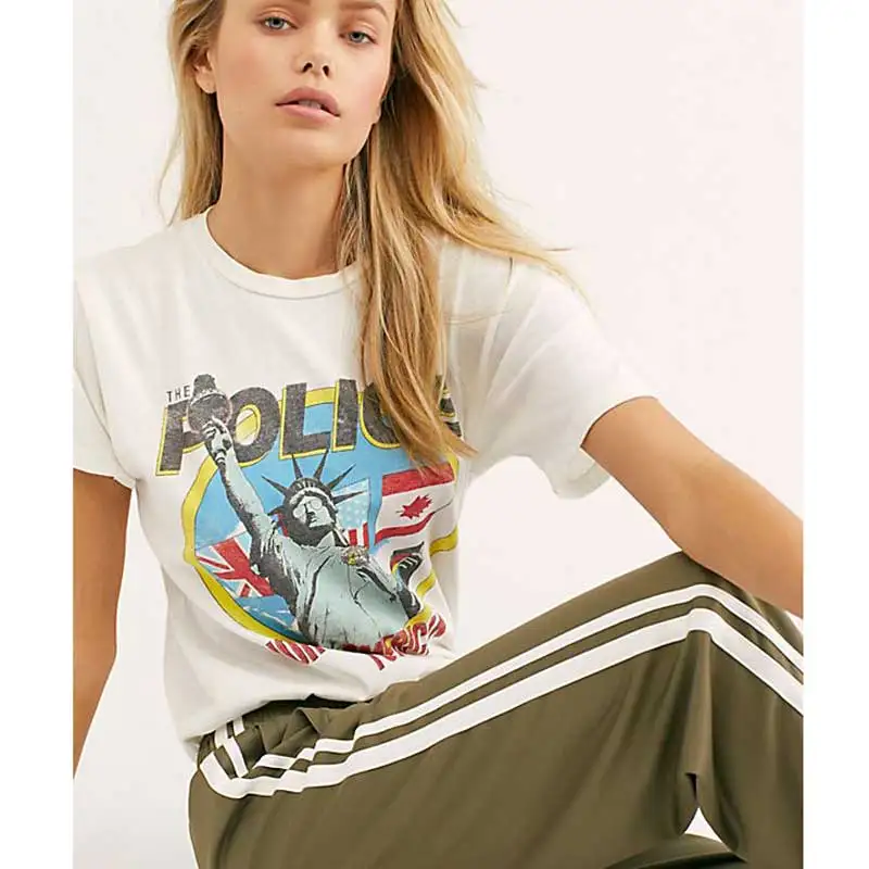 

Vintage inspired graphic tee the Police 1983 tour T shirts women short sleeve white print summer tops casual boho t shirt 2019