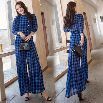 

Stylish Plaid Women 2 Piece Set Top And Pants Wide Leg Trousers Suit Set Vogue Pantalon Taille Haute Femme Conjunto Feminino
