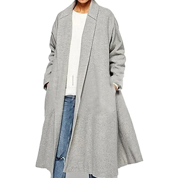 Fashion Women Winter Solid Grey Overcoat Lapel Long Sleeve