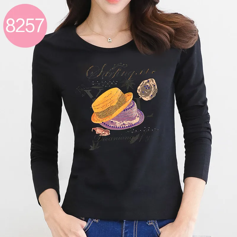 

Hot Diamond T-Shirts 2019 autumn woman long Sleeve Rhinestone tshirt Women Tops plus size xxxl vetement femme black tees Clothes
