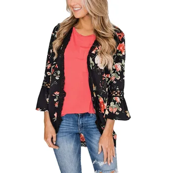 

Large Size Floral Women Tunic Shirt Long Sleeves Chiffon Kimono Cardigan XXL Printing Casual Beach Blouse camisa feminina