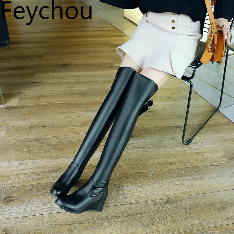 

Women Boots Autumn Winter High Heel Warm Pu Round Toe Slip on Over The Knee Height Increasing 2018 Sexy Fashion White Size 34-43