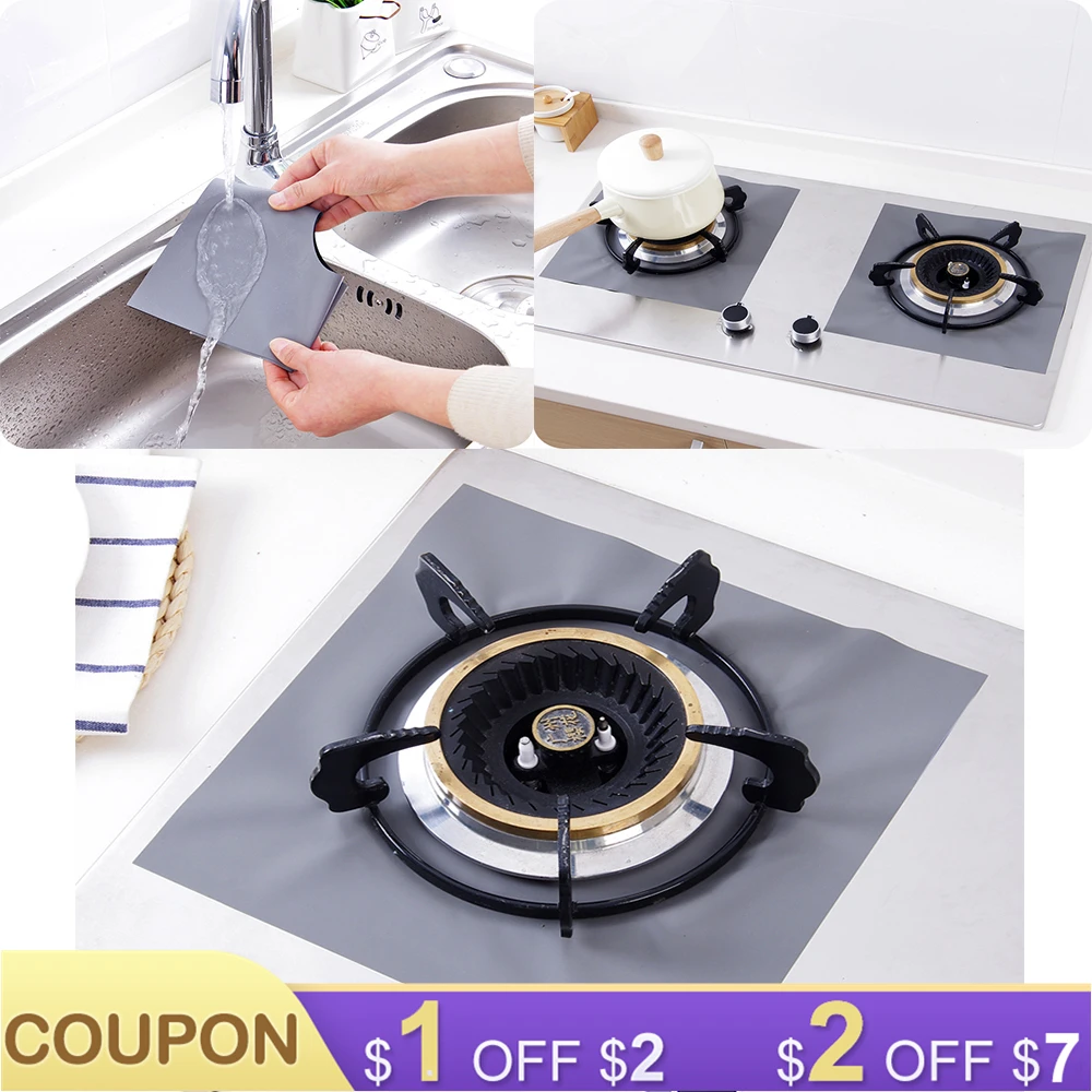 

4PCS Teflon Coated Glass Fiber Cloth Reusable Foil Gas Hob Range Stovetop Burner Protector Liner Cover For Cleaning Kitchen Tool