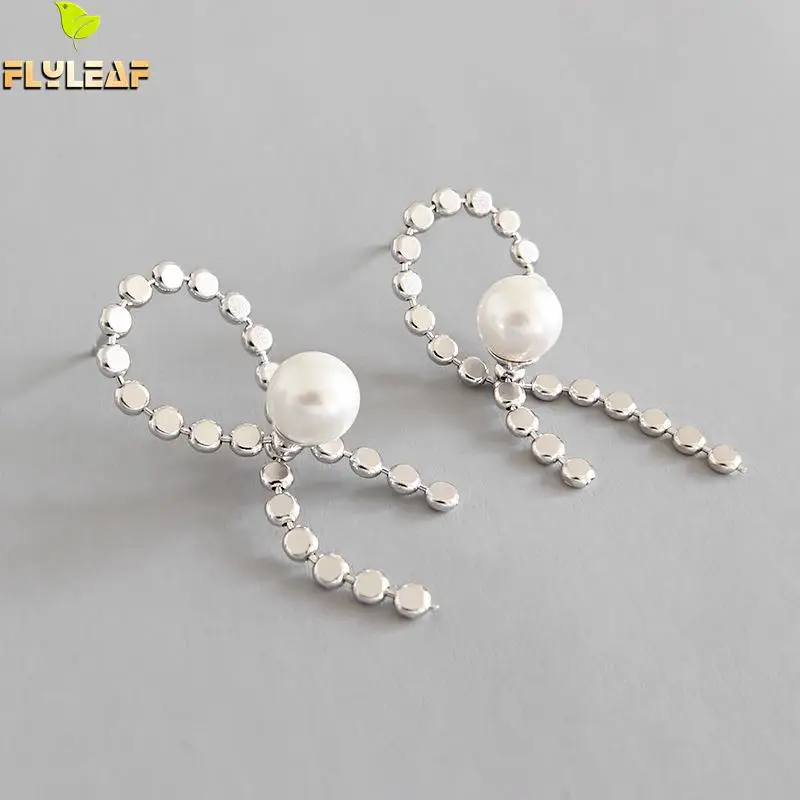 

Flyleaf 925 Sterling Silver Earrings For Women Pearl Jewelry Bow Flat Beads Femme Simple Dangle Drop Earings Fashion Jewelry