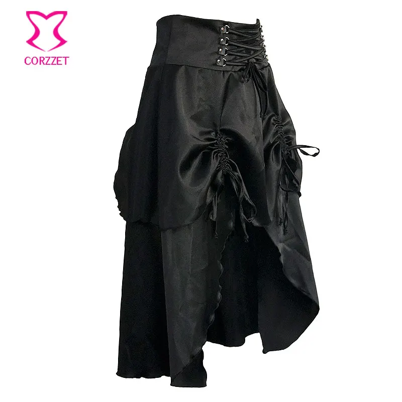 Панк Черная атласная готическая юбка с рюшами Асимметричный бурлеск юбки средней длины женские Jupe стимпанк одежда корсет falda gotica