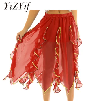

Women Asymmetric Belly Dance Panel Skirt Elastic Waistband Ruffled Gold Trim Maxi Tribal Chiffon Performance Costume Dance Skirt