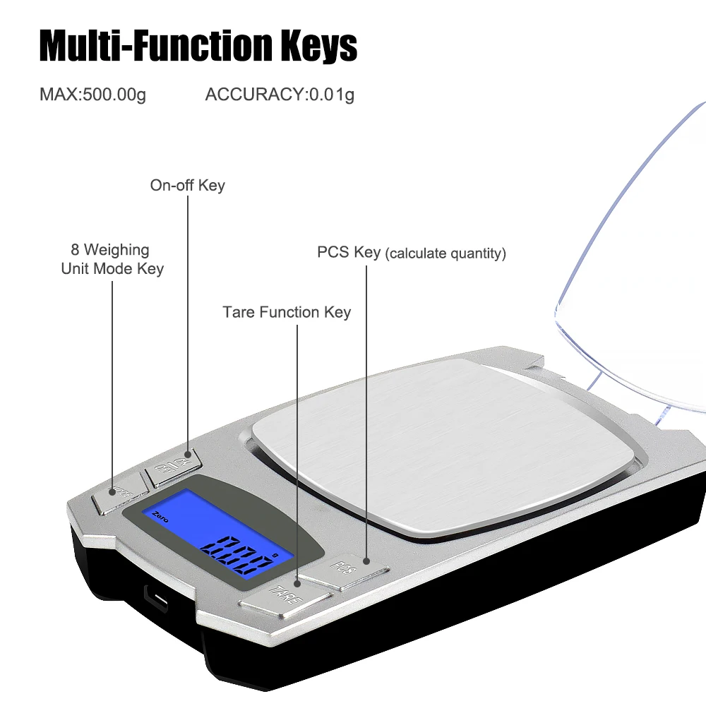 Электронные весы NEWACALOX 500 г x 0 01 портативные карманные с USB зарядкой и цифровым ЖК
