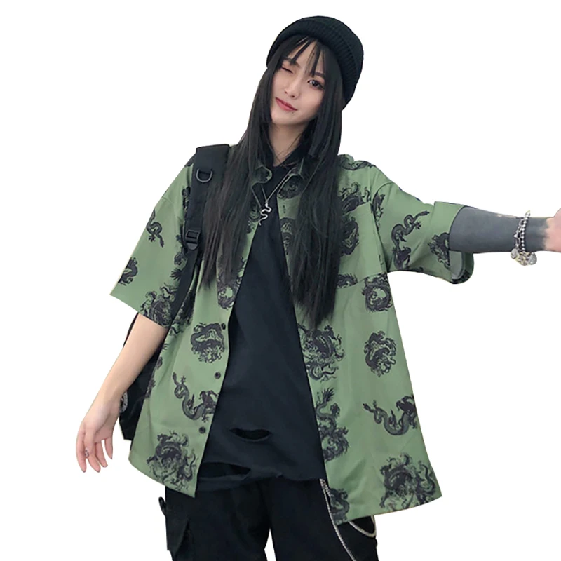 

Qlychee Harajuku Dragon Dark Print Lady Shirt Blouse Short Sleeve Turn-down Collar Loose Summer Spring Women Blouse Shirt
