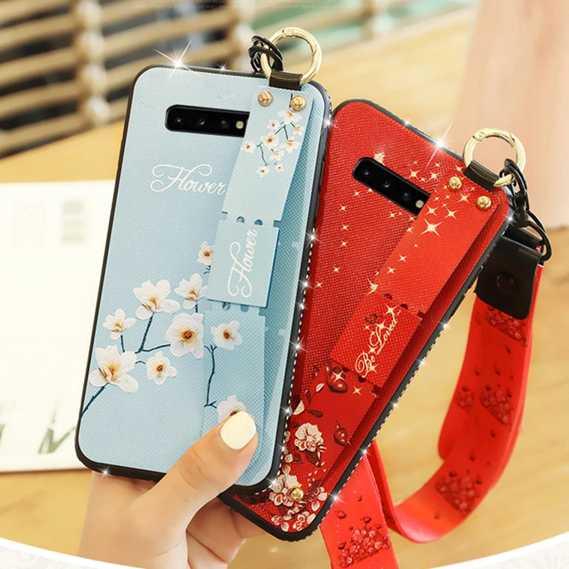 

For Samsung Galaxy S10 Plus S10e Soft silicon Case Floral Strap stand Funda For Samsung S10 Lite Note 8 9 Jewelled diamond Cover