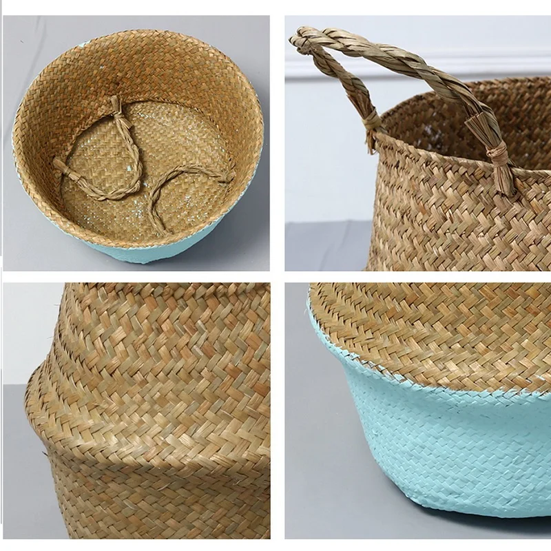 Garden Plant Flower Pot Handmade Rattan Storage Basket Foldable Seagrass Straw Hanging Woven Handle Toy Storage Container 1Pc