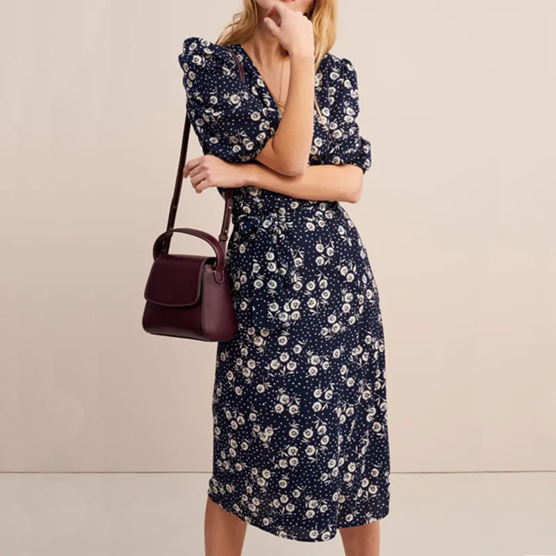 

2019 New Women French Prairie Chic Wrap Dress Summer Short Sleeve Long Dress With Belt