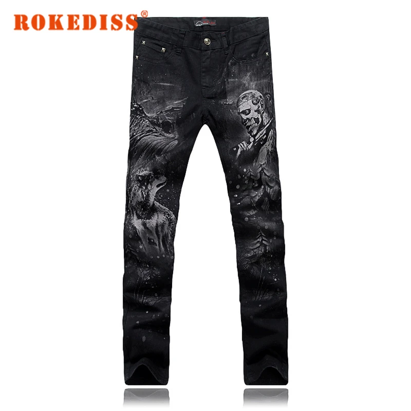 Spring mens jeans printing Elasticity Slim Small straight Flower pants Nightclub Men s clothing pantalones vaqueros