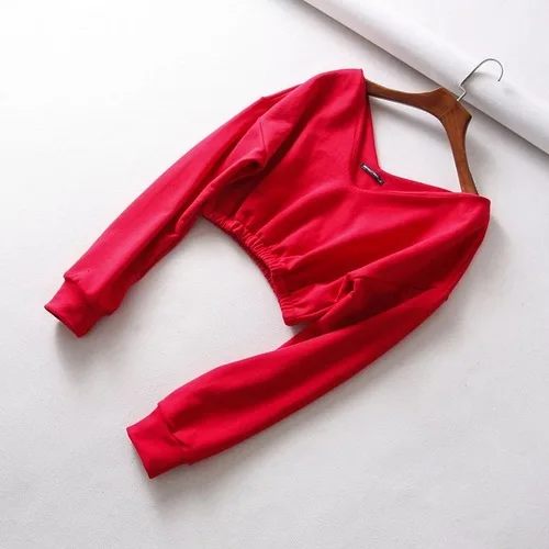 Red Новые свободные спереди и сзади двойной V воротник короткие одежда с длинным рукавом открытая рубашка INS Высокая талия для женщин одежда - Цвет: Red