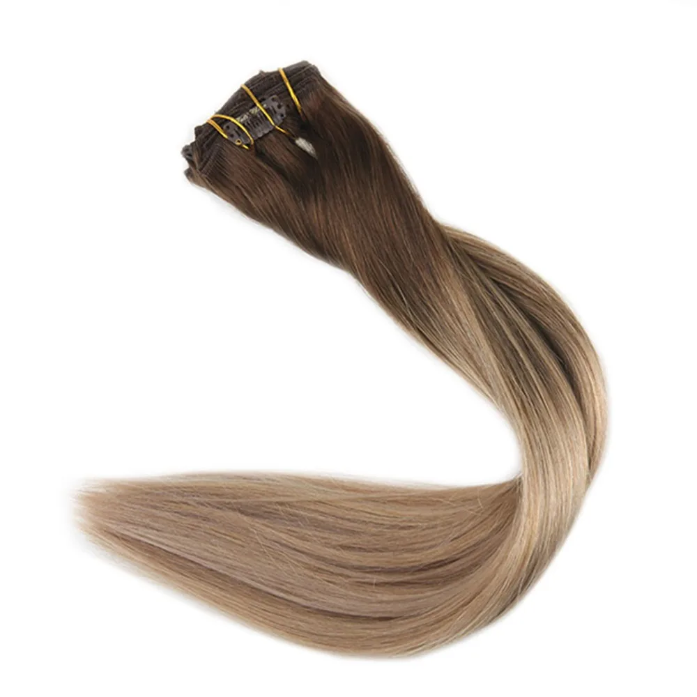 

Full Shine Brazilian Human Hair Clip Extensions Ombre Color #4 Fading To 18 And 27 100g 10Pcs Machine Made Remy Weft Clip Ins