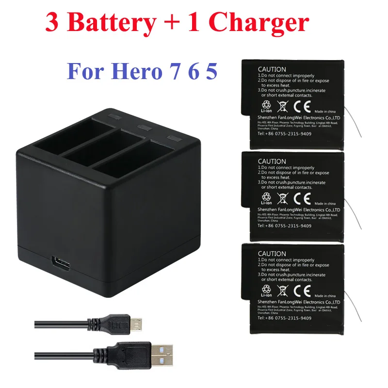 Meilleur 3 pièces Aller Pro batterie au lithium Pour GoPRO Hero 7 Version Batterie + 3 Slots Chargeur Pour GoPro 7 Hero 6 hero 5 2018 Caméra Accessoires