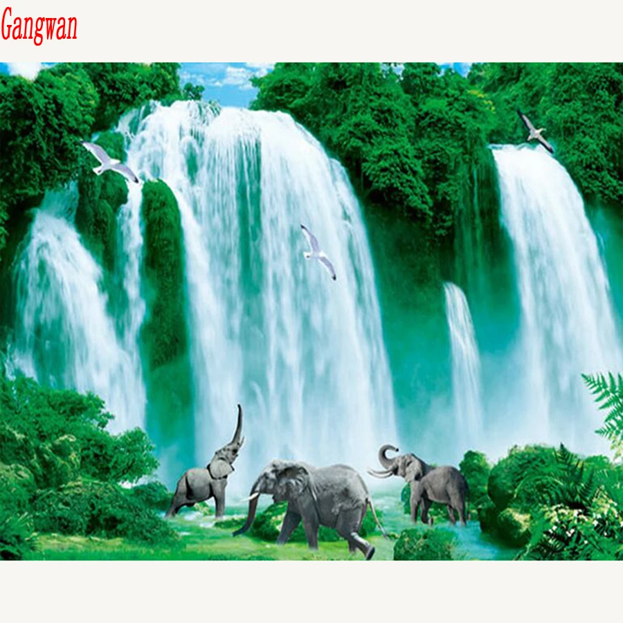 Waterfall pattern full square round drill 5d diy diamond painting cross stitch diamond embroidery mosaic sale elephant natural view home decor
