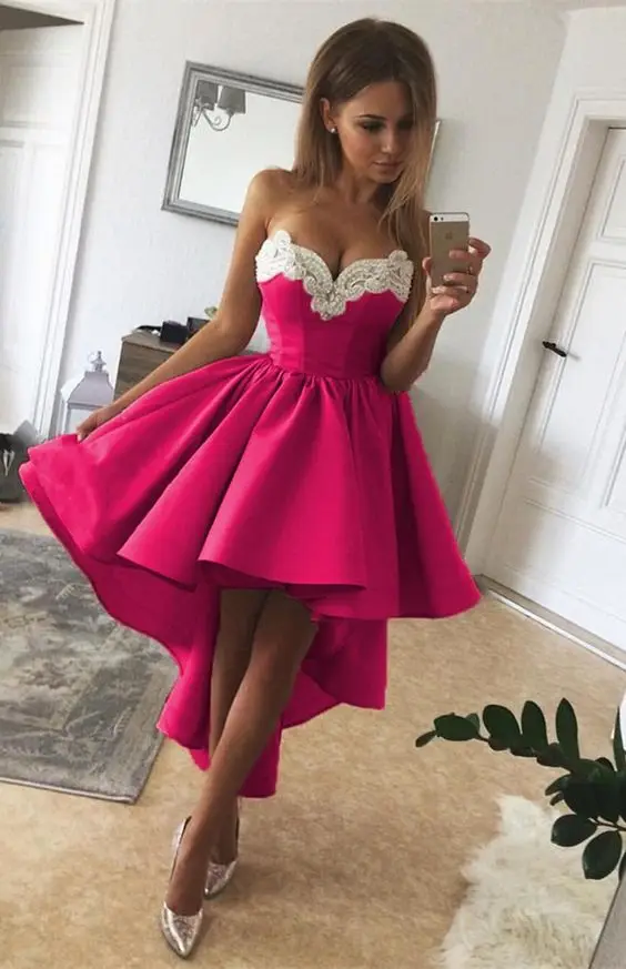 

High Low Satin Homecoming Dresses Sweetheart Beads Appliques Short Cocktail Prom Party Dresses Custom Made
