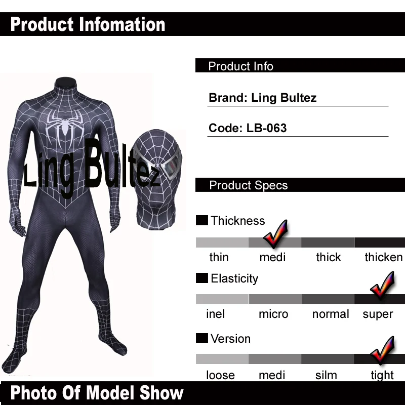 Ling Bultez высокое качество Новое поступление мышечный оттенок черный костюм Человека-паука черный Raimi Человек-паук спандекс костюм черный костюм героя