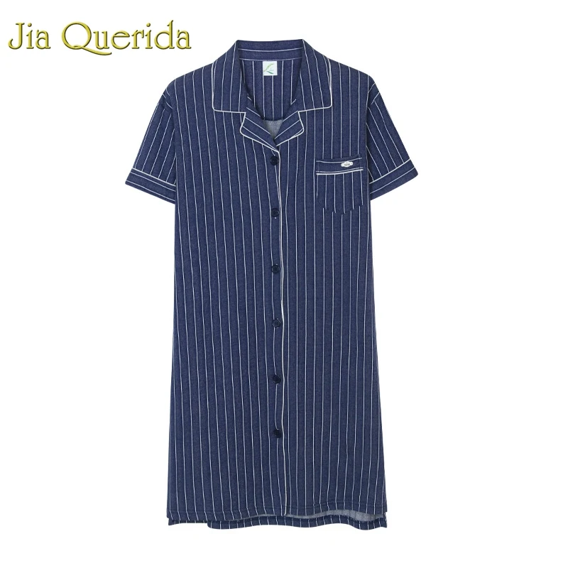 J & Q Ночное платье для женщин Лето 2019 г. Новый 100% хлопок Ночная одежда с лацканами в полоску пижамы плюс размеры Pj белье Femme Ночное