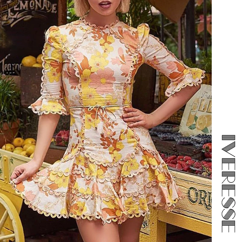 

IVRESSE Print Dress Female O Neck Flare Half Sleeve High Waist Lace Up Mini Dresses Women 2019 Autumn Casual Fashion New