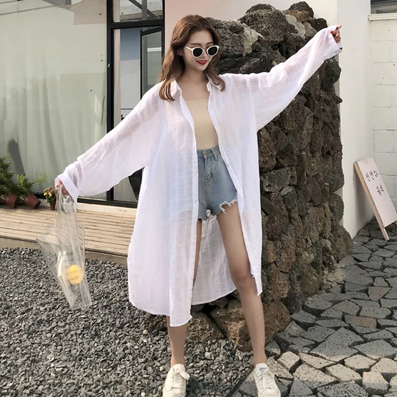 

korean style summer Sun protection clothing long sleeve loose Women's Clothing turn-down collar thin loose long Coats Jackets