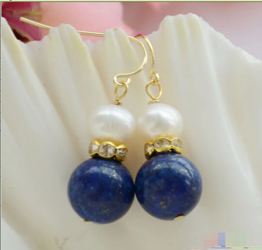 

hot sell new - Free shipping P4654 12mm lapis lazuli 8mm white round PEARL DANGLE EARRING new
