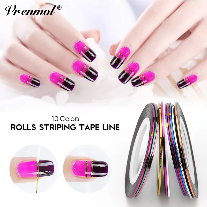 

Vrenmol 10Pcs/lot Mix Colors Rolls Striping Tape Line DIY Nail Art Stickers for Nail Tools Decorations UV Gel Acrylic Nail Tips