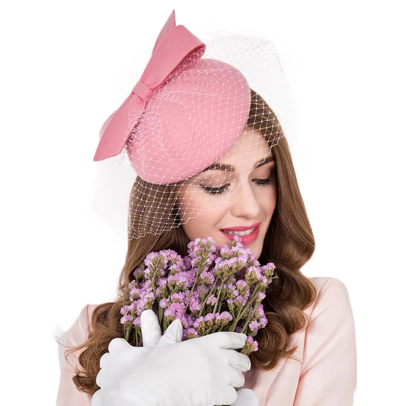 FS вуалетки, шерсть, фетр, Коктейльная шляпа для женщин, элегантная, розовая, для девушек, свадебное платье, чай, вечерние, Pillbox, шерсть, Pillbox, Fedoras - Цвет: Pink Pillbox hat