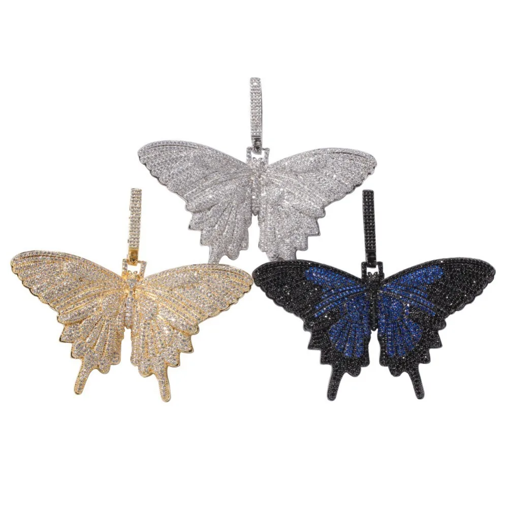 Шикарный король цветные бабочки кулон ожерелье вымощено из AAA кубического циркония с 20 мм CZ кубинской цепи мужские ювелирные изделия Хип-хоп