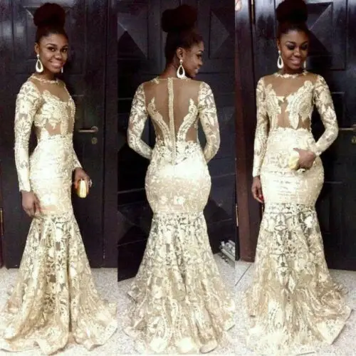 

Lace Mermaid African Prom Dresses Long Sleeve Formal Party Gown Evening dresses