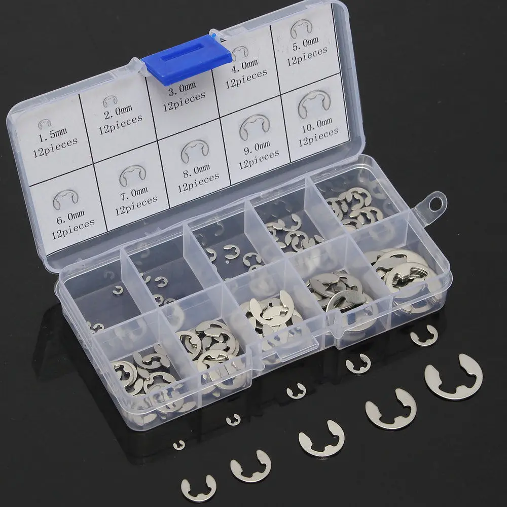 120pcs Practical E-Clip Assortment Kit 304 Stainless Steel Retaining Circlip 1.5/2.0/3.0/4.0/5.0/6.0/7.0/8.0/9.0/10mm