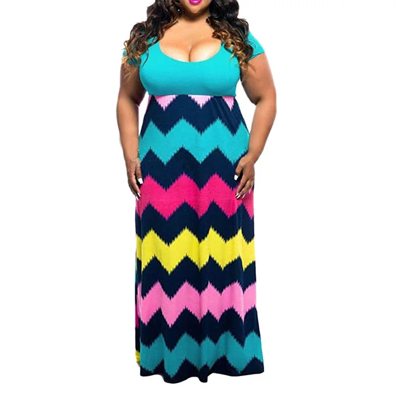 

2019 Women Summer Dress New Style Loose Long Style All-match Color-blocked Short Sleeve Round Collar Dresses