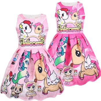 

Girl's O-neck Sleeveless 3D Digital Print Cartoon Horse Design Fashion Summer Dresses Colorful Girls Princess Dresses