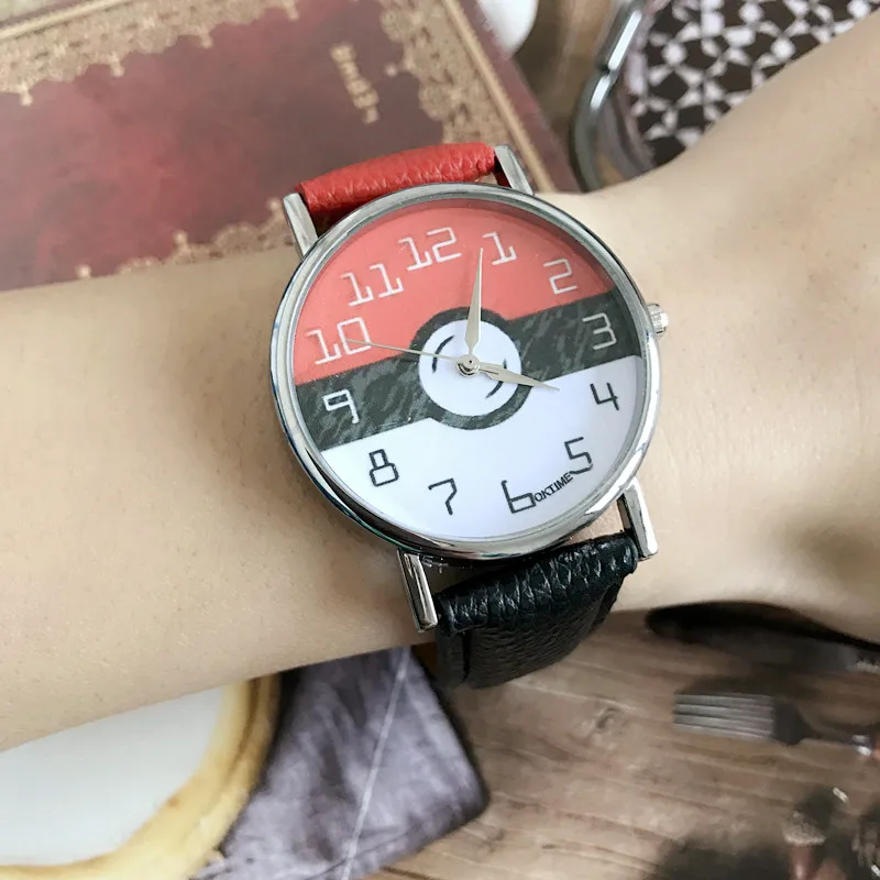 Уникальные два Цвета кожаный ремешок Мода студент часы Покемон мяч часы дамы Для женщин кожа часы студенты подарок часы