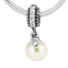 Настоящее серебро 925 пробы светящаяся элегантность жемчуг висячий Шарм подходит Пандора браслет DIY бусины для изготовления ювелирных изделий Berloque