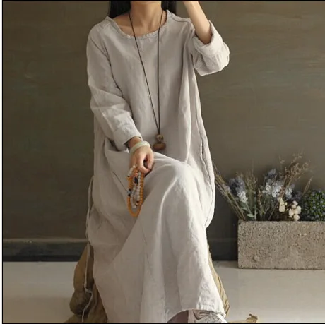 

The new spring and autumn loose cotton hemp round neck long-sleeved dress S237