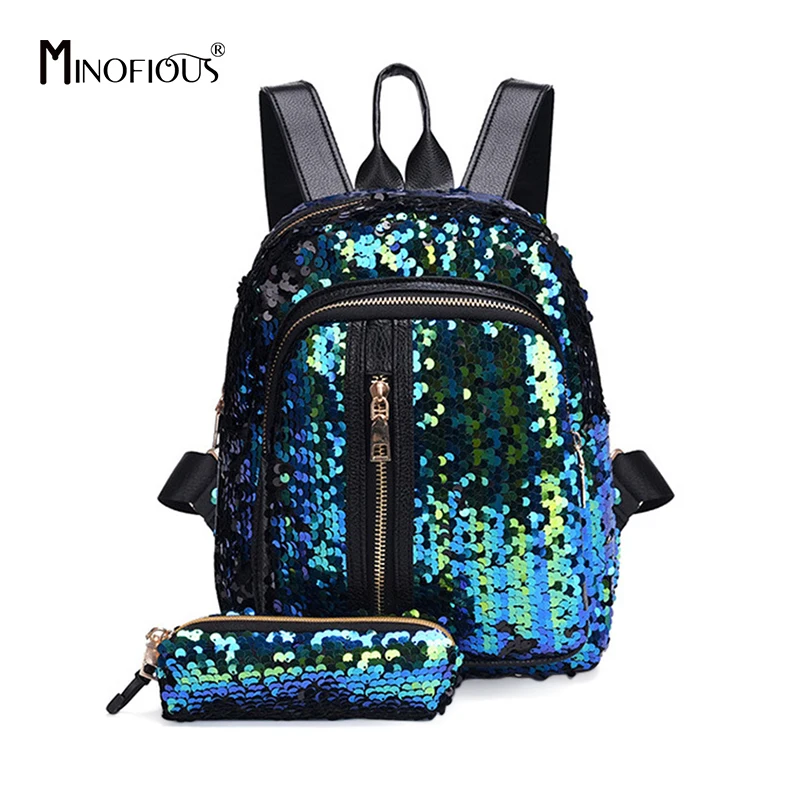 MINOFIOUS блестками Для женщин рюкзак для девочек-подростков; модные блестящие рюкзак студентам школьная сумка с Карандаш Чехол клатч Mochilas