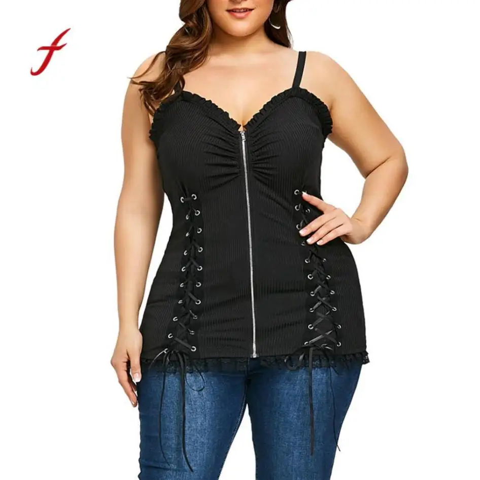 

Women Plus Size Lace Patchwork Sling Cross Bandage Ruffle vest T Shirt Zipper Sleeveless Tank Tops Female Sexy Large Camis 2018