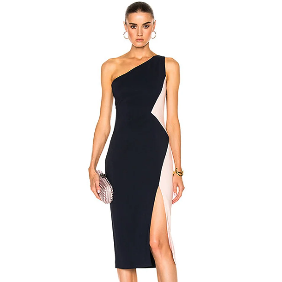 

Pretty Nice One Shoulder Colorblock Bandage Femme Dress Sleeveless Contrast Trim Side Split Elegant Sheath Midi Party Dress