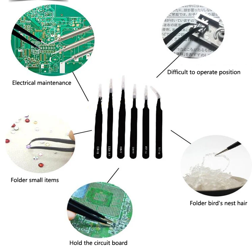 6 шт./компл. точность антистатические пинцеты Нержавеющая сталь Пинцет Набор для BGA ремонтные работы инструмент ESD-10, 11,12, 13,14, 15