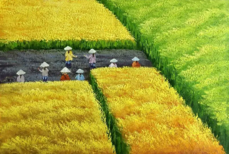 

Hand Painted Modern Abstract Vietnam Harvest Scene Yellow and Green Landscape Oil Painting Canvas Wall Art Home Decoration
