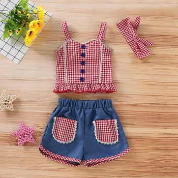 

New Baby Girl Sleeve Plaid Print Vest Tops+Denim Shorts Suits Summer Dot Print T-shirt Shorts Set Summer Baby Girls Short