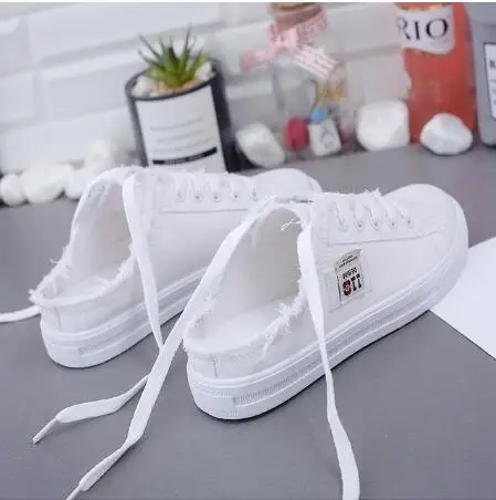 HOT New 2019 Spring Summer Women Canvas Shoes flat sneakers women casual shoes low upper lace up white shoes size 35-40