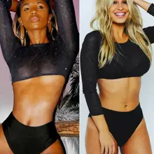 Сексуальная Женская сетчатая женская футболка с длинными рукавами и блестками Прозрачная Тонкая Укороченная блуза купальный костюм Пляжная одежда тройники