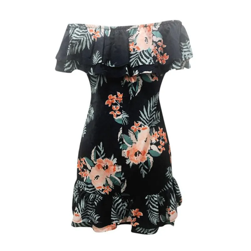 Красивые Новая Летняя мода платья для женщин для голые плеча цветочные принты гофрированая рубашка короткий рукав блузка платье vestidos