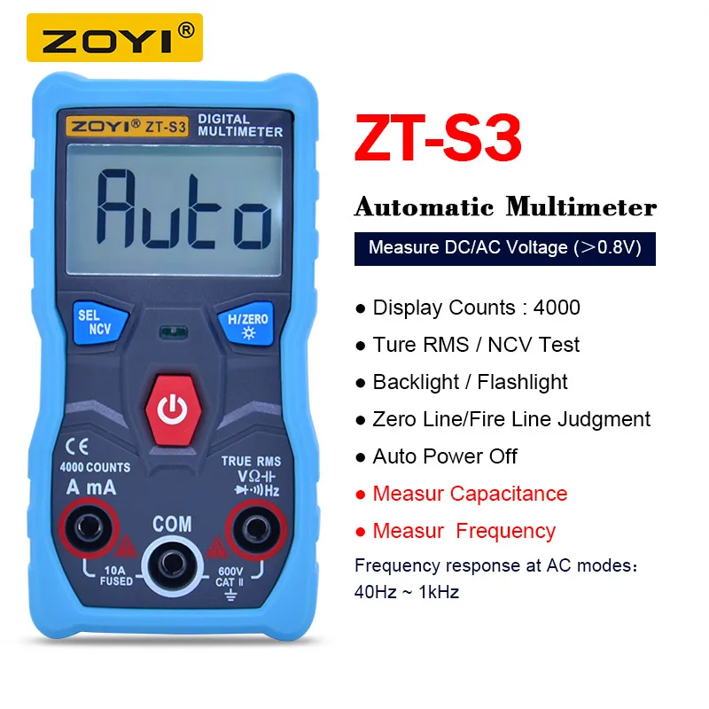 ZOYI ZT-S1/ZT-S2/ZT-S3/ZT-S4 4000 отсчетов Автоматический диапазон True RMS ЖК-цифровой мультиметр с NCV удержанием данных и ЖК-подсветкой+ коробка EVA - Цвет: ZT-S3